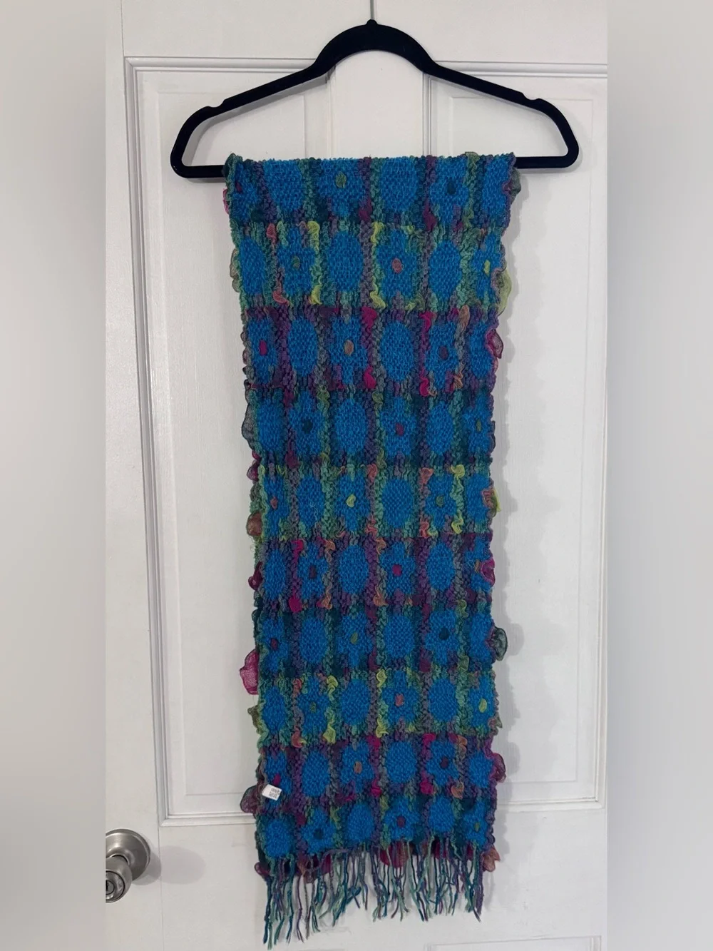 Blue Plaid Knit Multicolor Woman's Scarf with Fringe